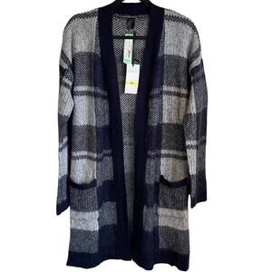 Madison Lilly NWT Coraline Duster Cardigan Sz M Plaid Navy White Open Preppy